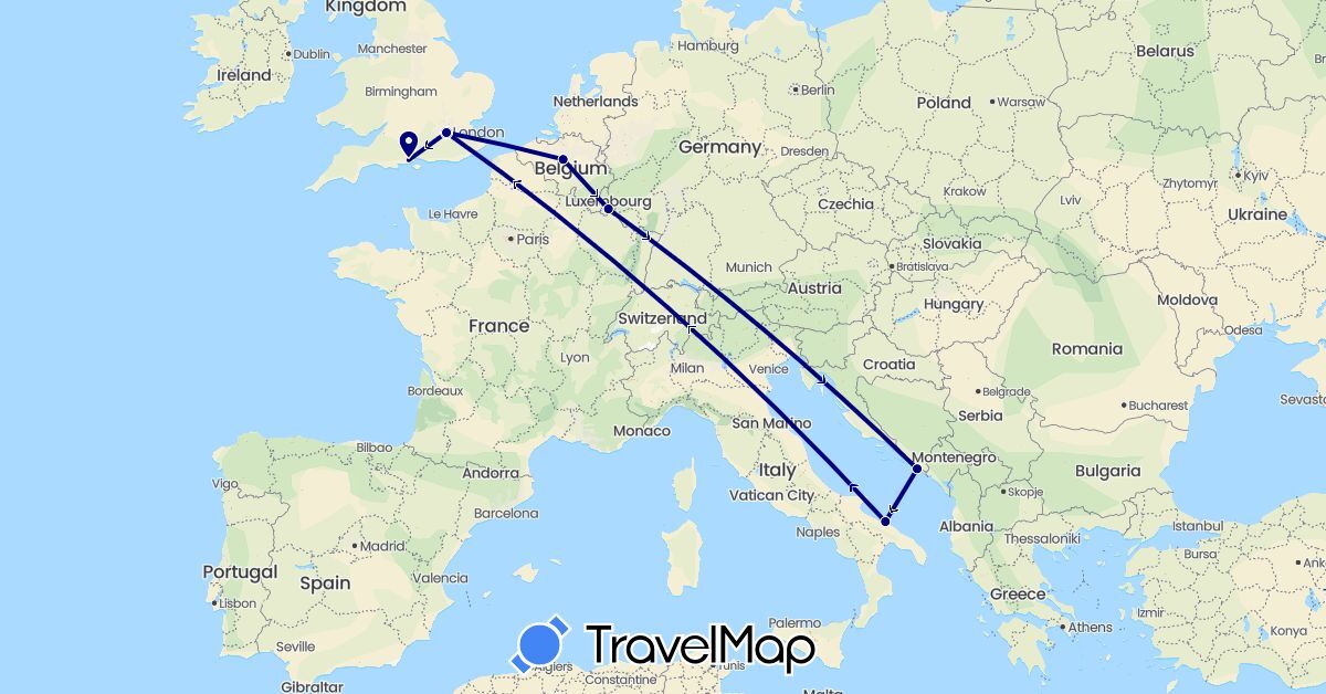 TravelMap itinerary: driving in Belgium, United Kingdom, Croatia, Italy, Luxembourg (Europe)